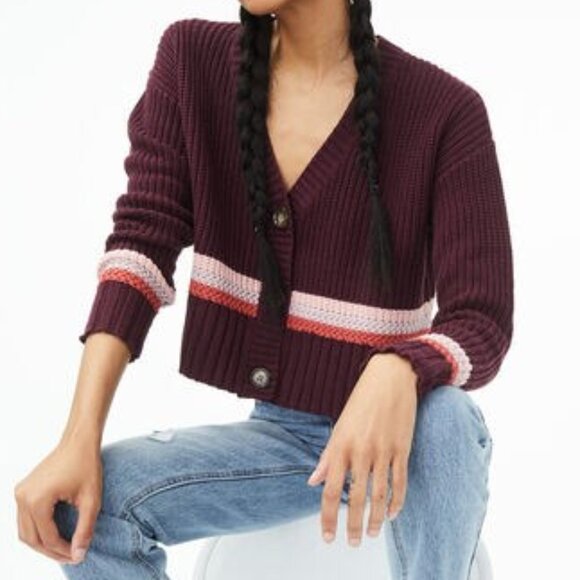 AEROPOSTALE Cropped Chunky Knit Maroon Striped Ribbed Cardigan Womens XS - Picture 7 of 13
